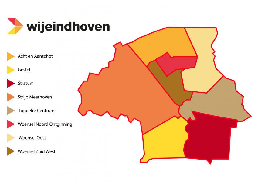 Je ziet hier een kaart van Eindhoven met de verdeling in wijken door WIJeindhoven daarop ingetekend in acht verschillende kleuren. Van links naar rechts en van boven naar onder zie je de wijken: Acht en Aanschot Woensel Noord Ontginning, Woensel Oost, Strijp Meerhoven, Woensel Zuidwest, Tongelre Centrum, Gestel en Stratum. 